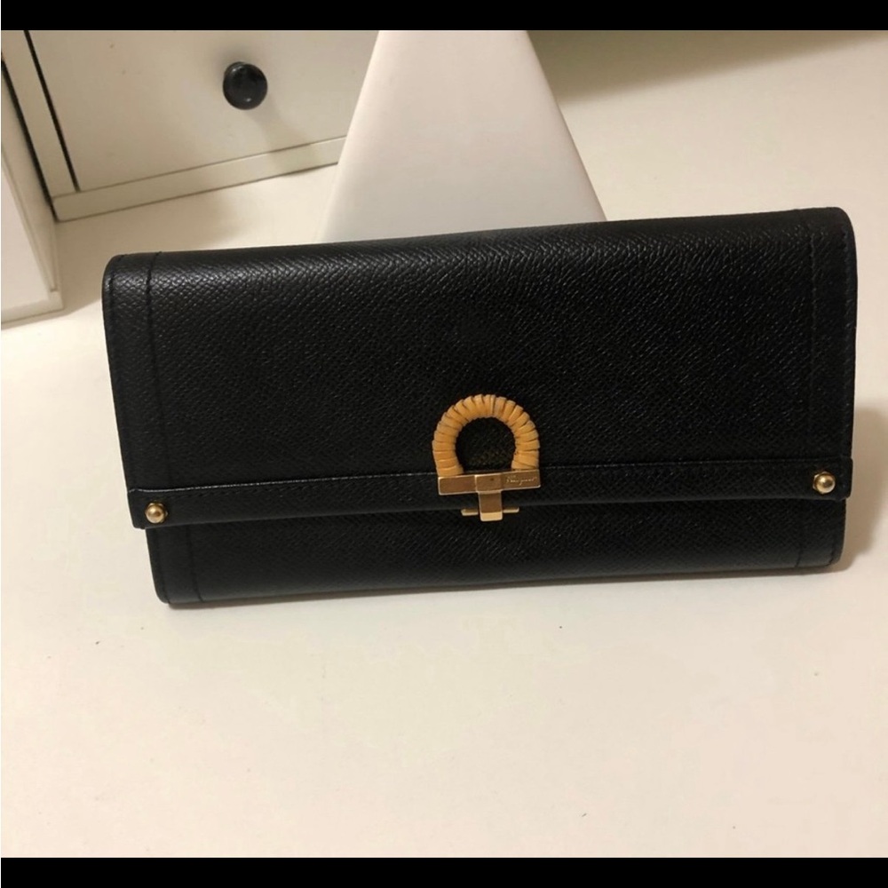 Black Salvatore Ferragamo Women's Leather Clutch Wallet with Gold Accent